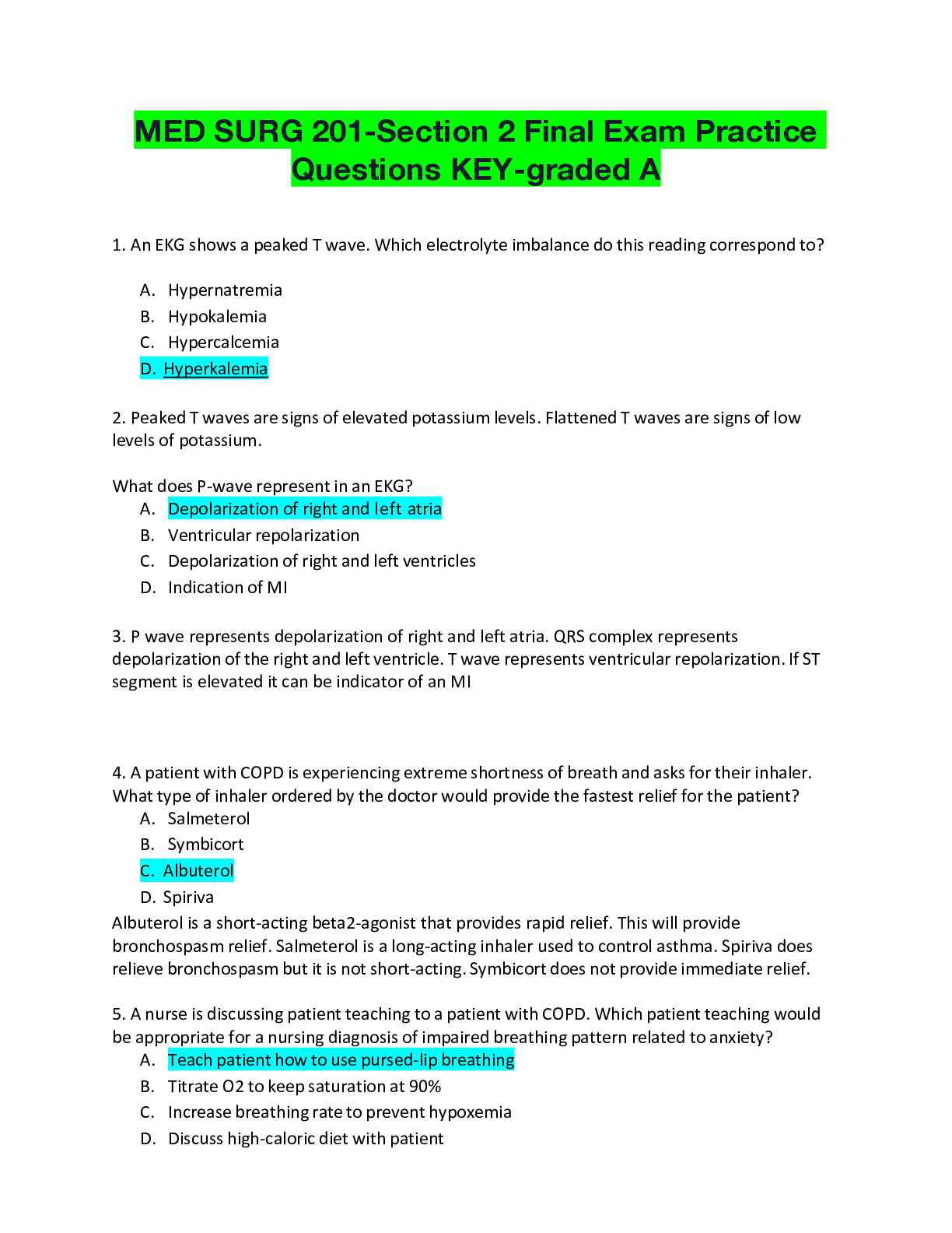 Preview of MED SURG 201-Section 2 Final Exam Practice Questions KEY-graded A